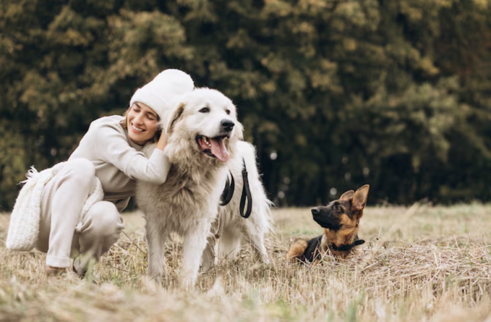 Woman with a fluffy white dog in a field