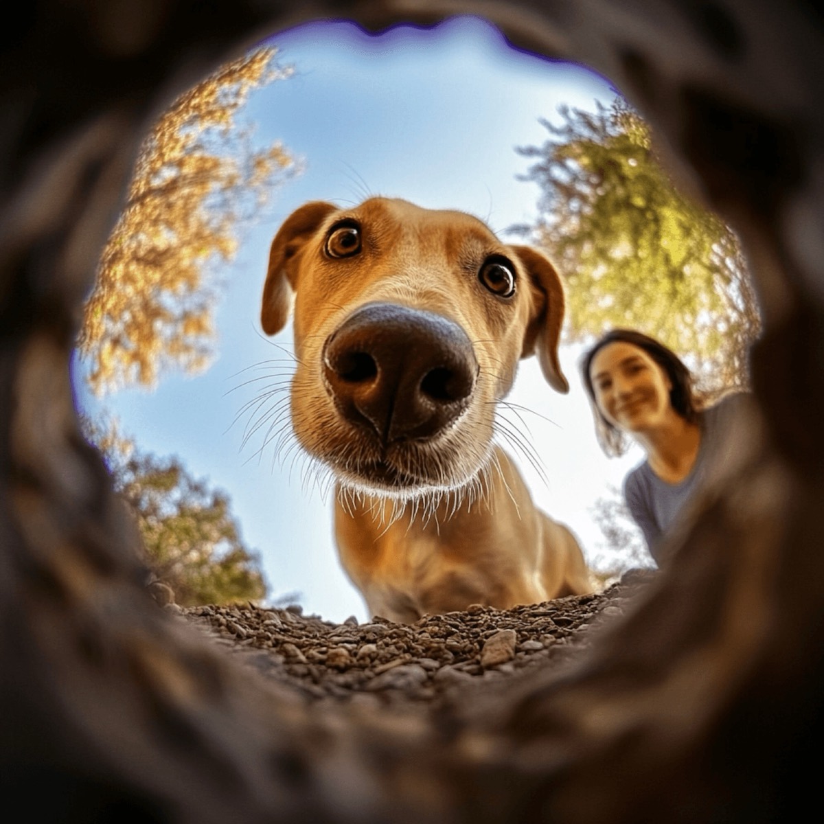 Dog looking toward the camera with their owner in the background